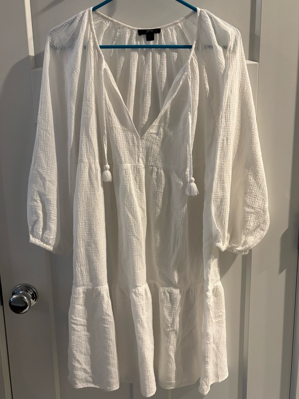 White Textured V-Neck Boho Swim Cover with Tassel Ties by J Crew